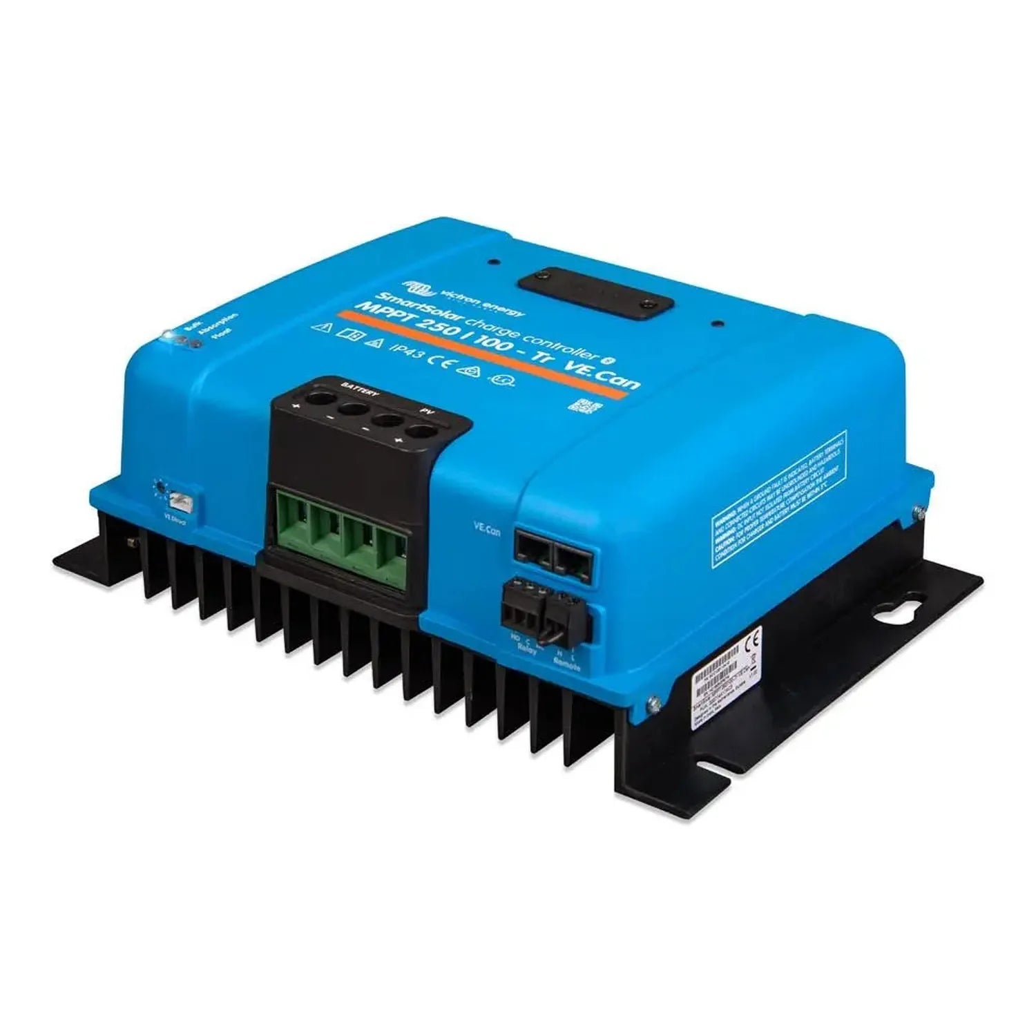 Blue and black solar charge controller with cooling fins, control panel, and terminal connectors mounted on black base plate.