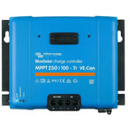 Victron BlueSolar MPPT 250/100-Tr VE.Can charge controller, blue rectangular device with battery and PV terminal connectors a