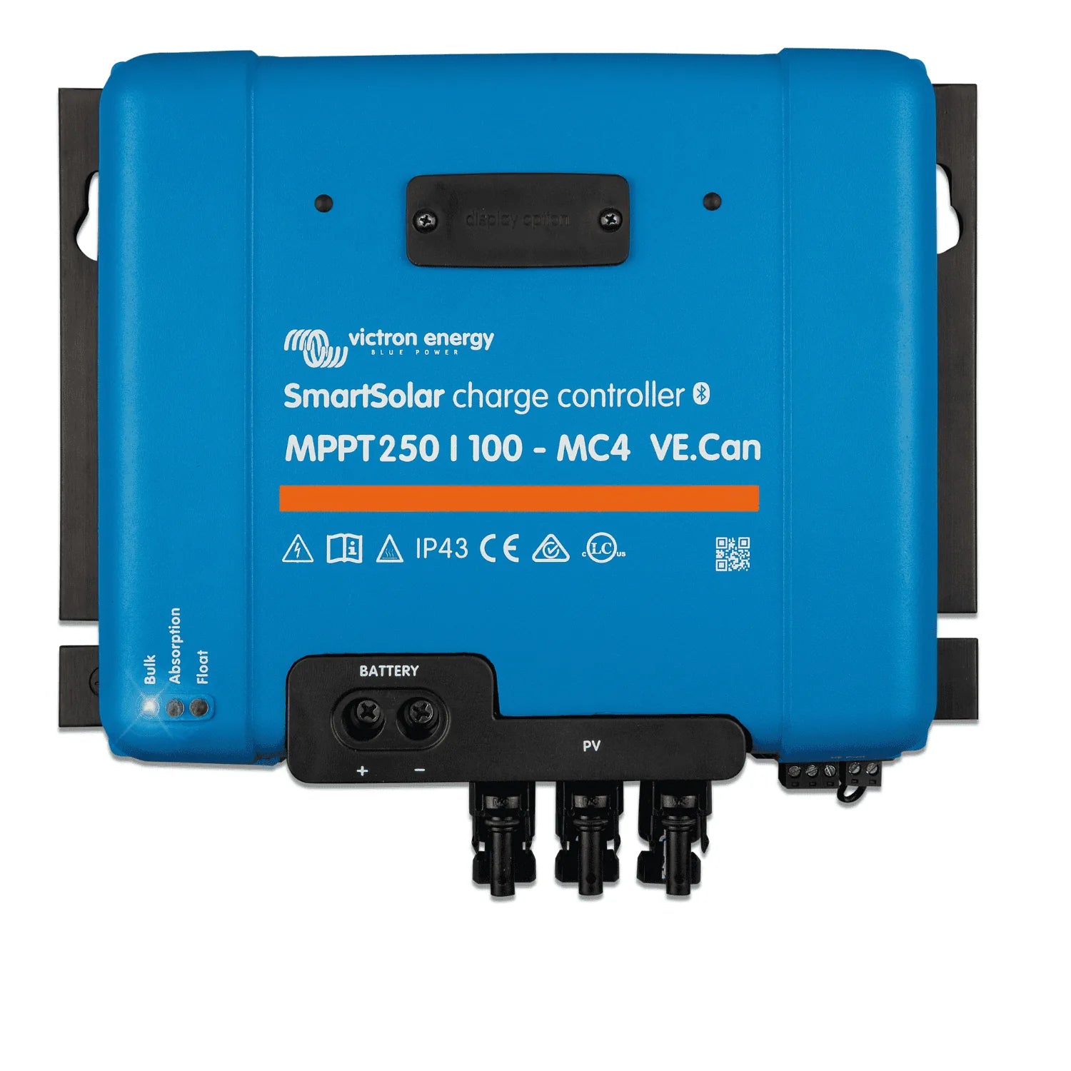 Victron Energy SmartSolar MPPT 250/100-MC4 VE.Can charge controller, blue rectangular device with battery terminals and PV co