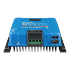 Victron SmartSolar MPPT 250/100 blue charge controller with black heat sink fins, black battery terminals, and green screw co