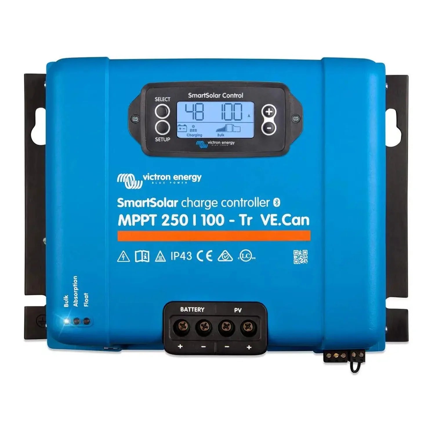 Victron Energy SmartSolar MPPT 250/100-Tr VE.Can charge controller, blue rectangular device with digital display showing 48V 