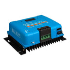 Blue and black solar charge controller with heat sink fins, featuring green terminal blocks and control panel on front face.