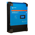 Victron Energy blue and black solar charge controller with digital display and technical specifications visible on front pane