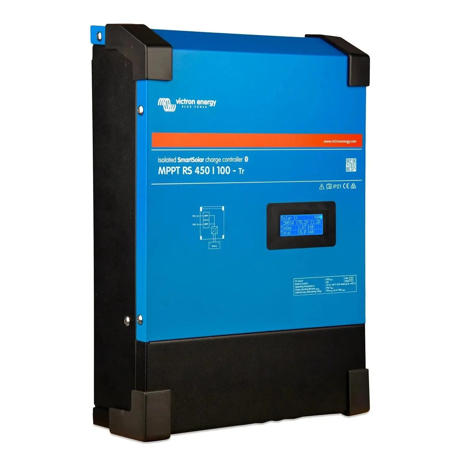 Victron Energy blue and black solar charge controller with digital display and technical specifications visible on front pane