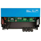 Interior view of Victron SmartSolar MPPT charge controller showing green circuit board, battery terminals, and connectors.