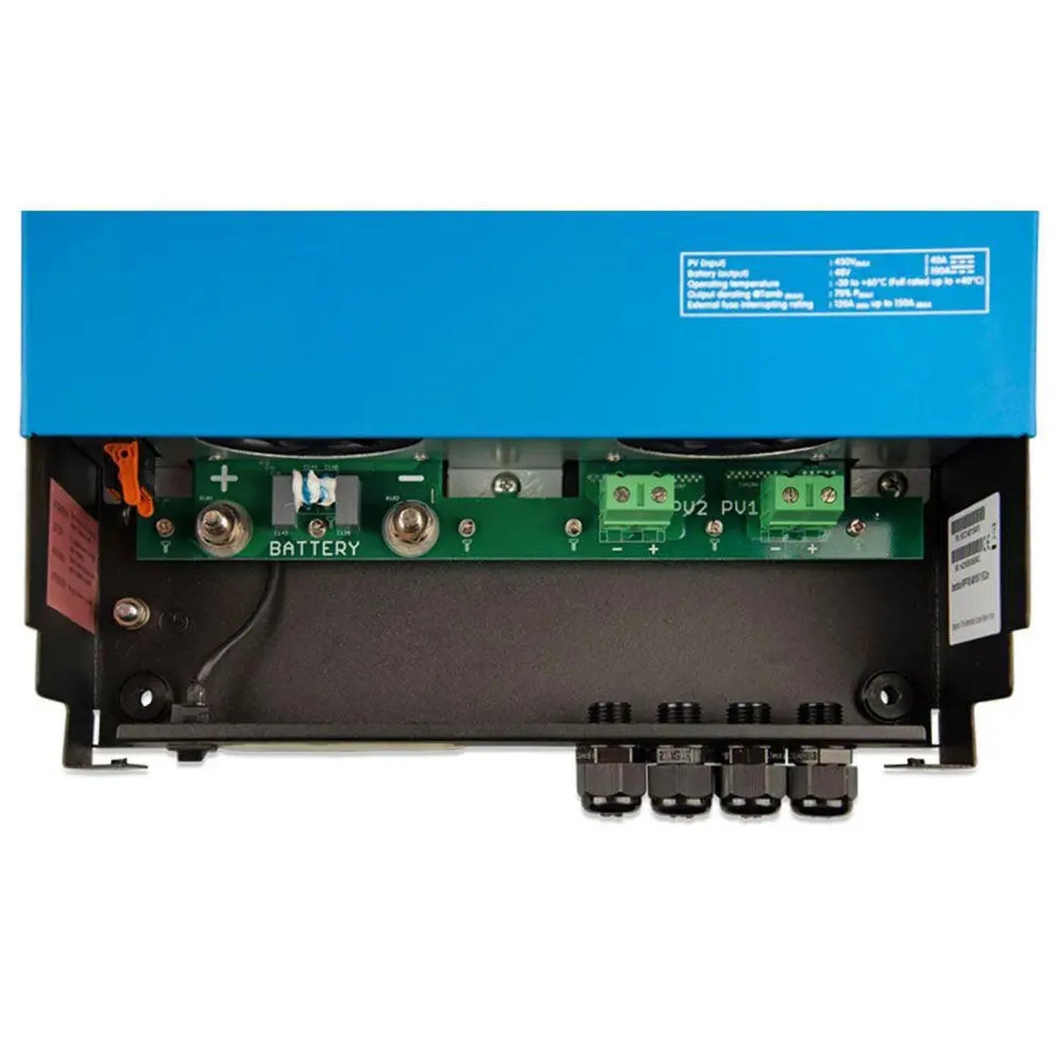 Interior view of Victron SmartSolar MPPT charge controller showing green circuit board, battery terminals, and connectors.
