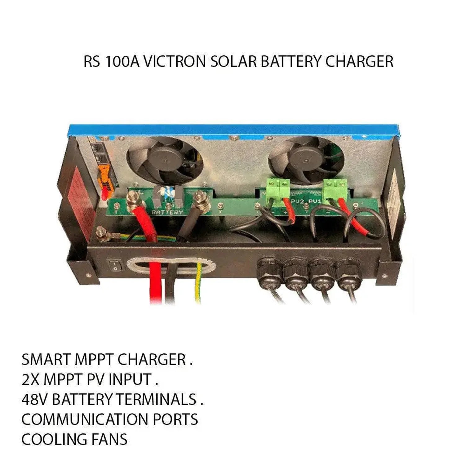 RS 100A Victron solar battery charger internal components showing circuit board, cooling fans, and battery terminals.