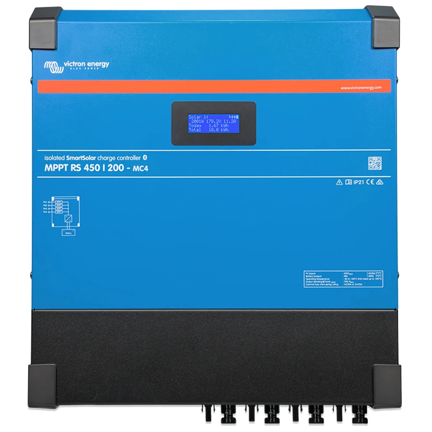Victron Energy blue solar charge controller with display screen showing solar input and charge data, front product view.
