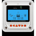 Victron BlueSolar remote panel with LCD screen displaying solar voltage, battery voltage, and load current readings, orange c