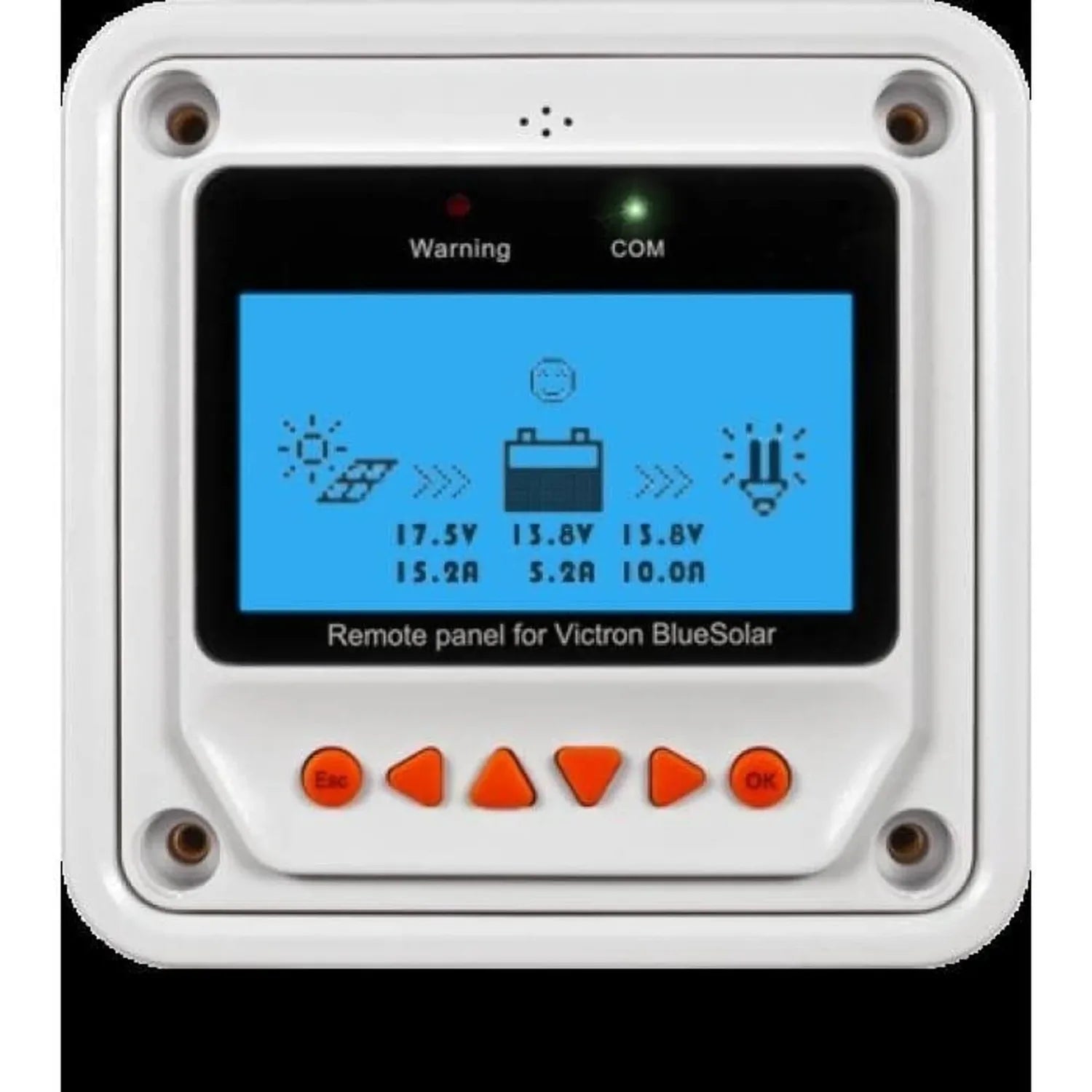 Victron BlueSolar remote panel with LCD screen displaying solar voltage, battery voltage, and load current readings, orange c