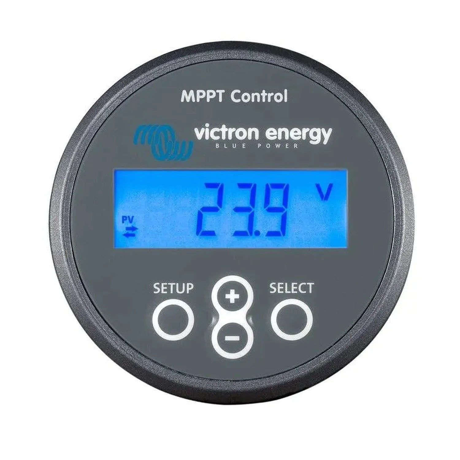 Victron Energy MPPT Control remote display panel showing 23.9 volts on blue LCD screen with Setup, plus, and Select buttons.