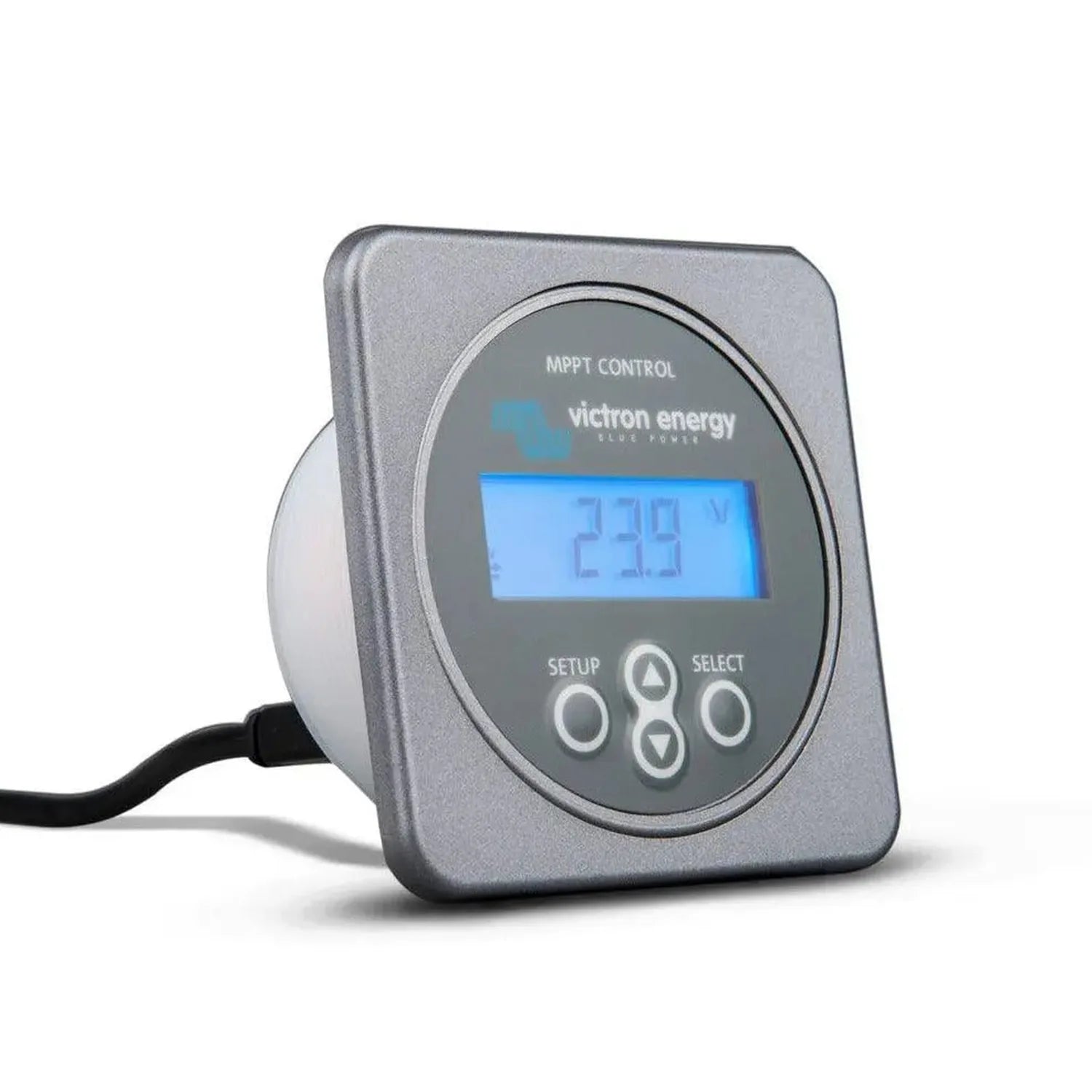 Victron Energy MPPT Control remote display panel with blue LCD screen showing 22.9V, three control buttons, and power cable a