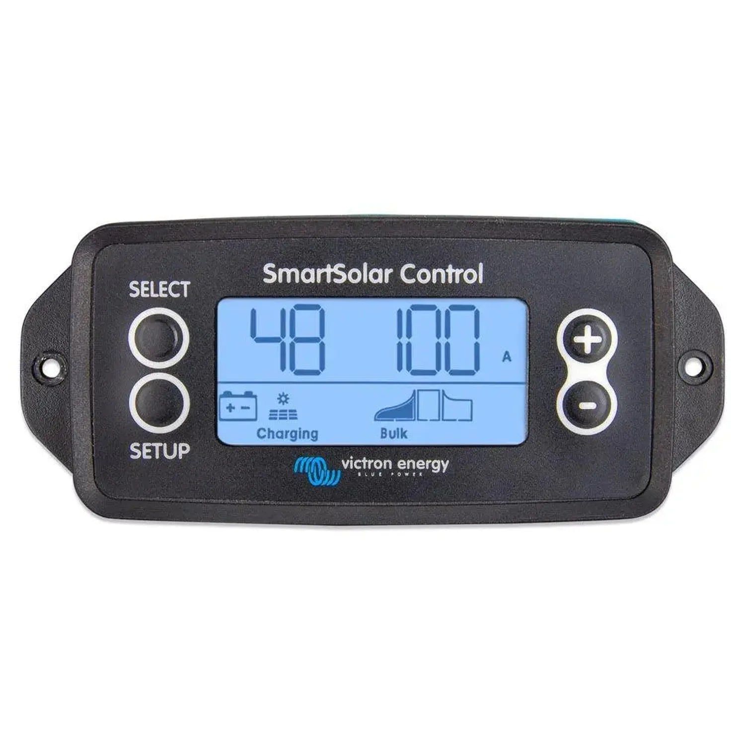Victron SmartSolar Control display unit with blue LCD screen showing 48V and 11.00A readings, SELECT and SETUP buttons on lef