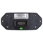 Back view of black SmartSolar Pluggable Display II showing serial number label, connector port, mounting holes, and green "TE