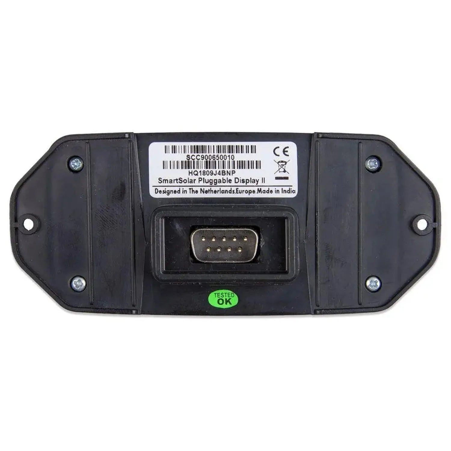 Back view of black SmartSolar Pluggable Display II showing serial number label, connector port, mounting holes, and green "TE