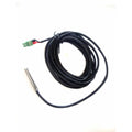 Black cable with green and red terminal connector at one end and metal probe sensor at the other, coiled on white background.