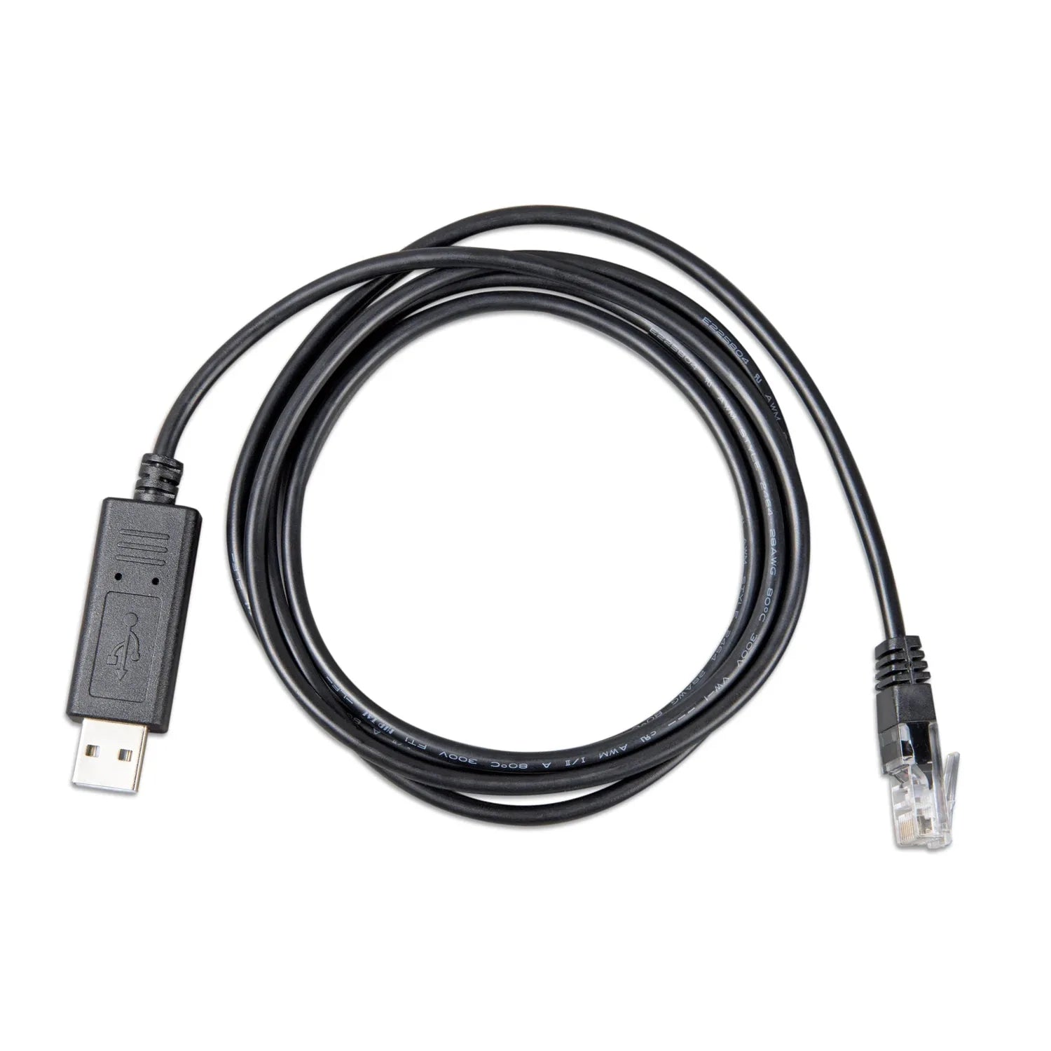 Black USB to RJ45 interface cable coiled on white background, product shot.