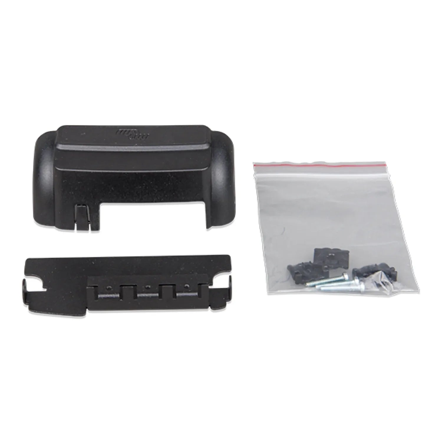 Victron WireBox-S terminal cover components: black plastic housing, base plate, and hardware kit in clear bag.