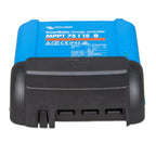 Victron SmartSolar MPPT 75/15 charge controller with black terminal cover installed on blue housing, front view.