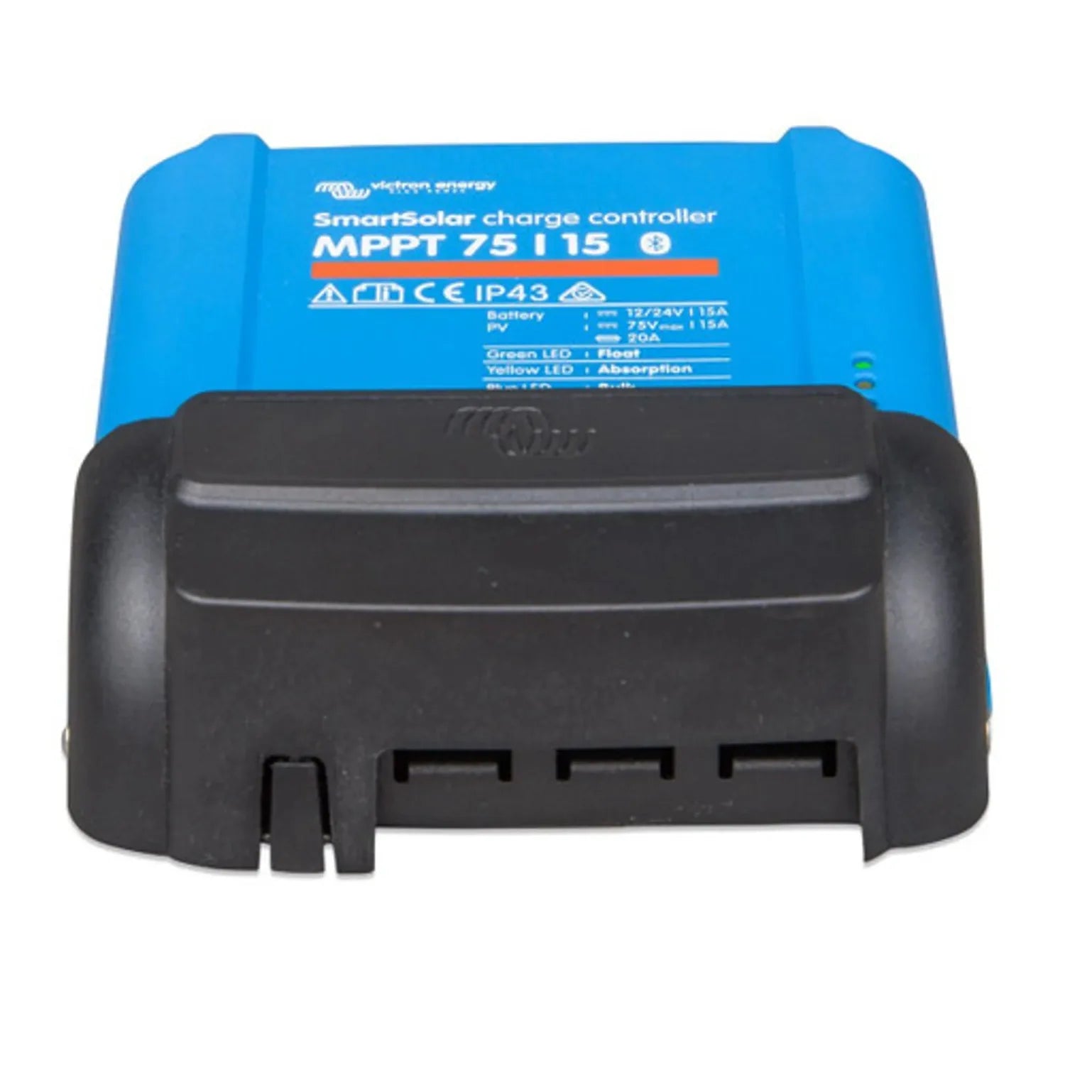 Victron SmartSolar MPPT 75/15 charge controller with black terminal cover installed on blue housing, front view.