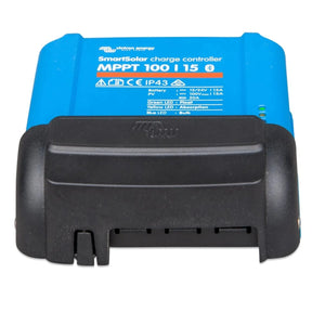 Victron Energy SmartSolar MPPT 100|15 charge controller with blue and black plastic housing, shown from top view displaying l