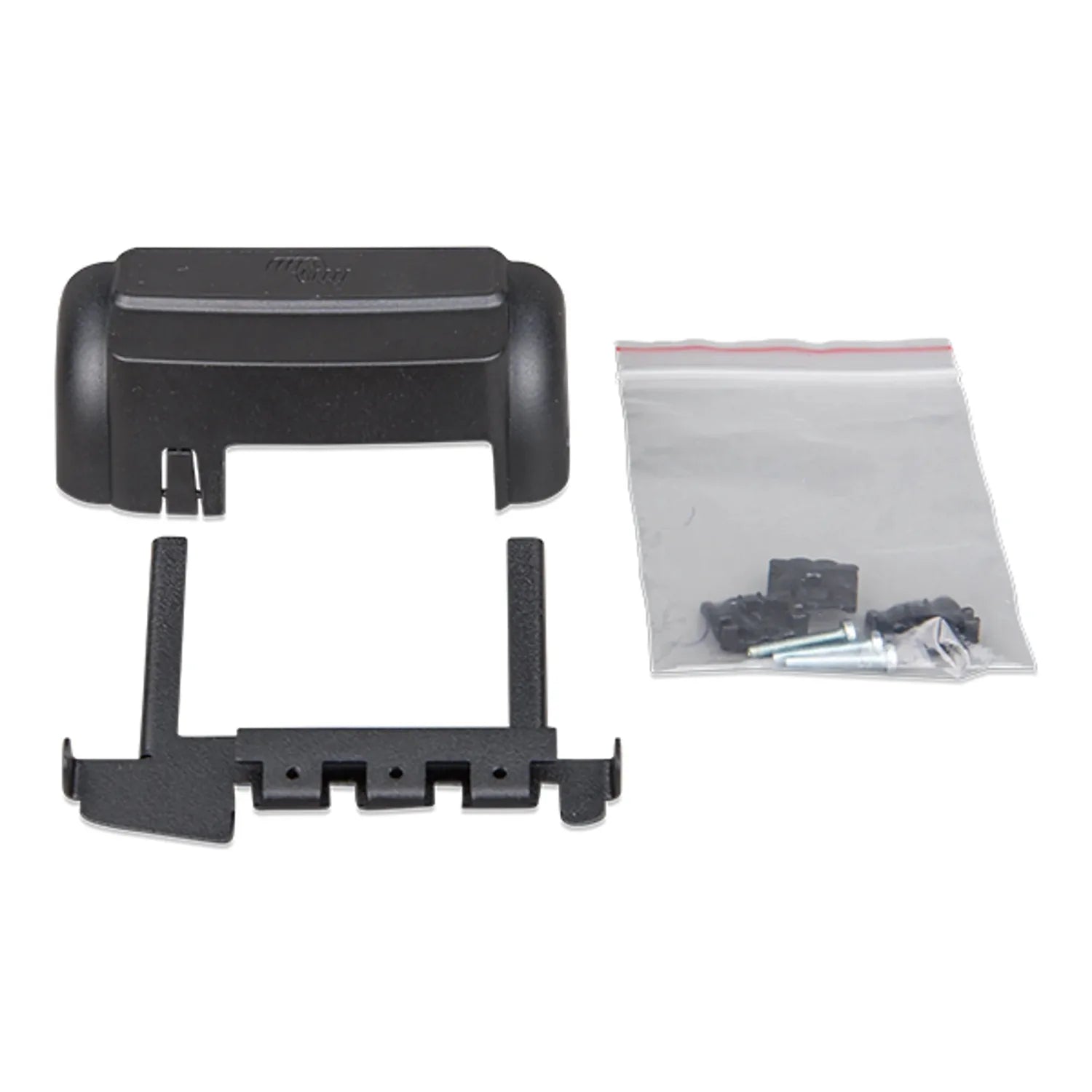 Victron WireBox-S terminal cover components displayed: black plastic housing parts and small hardware accessories in clear re