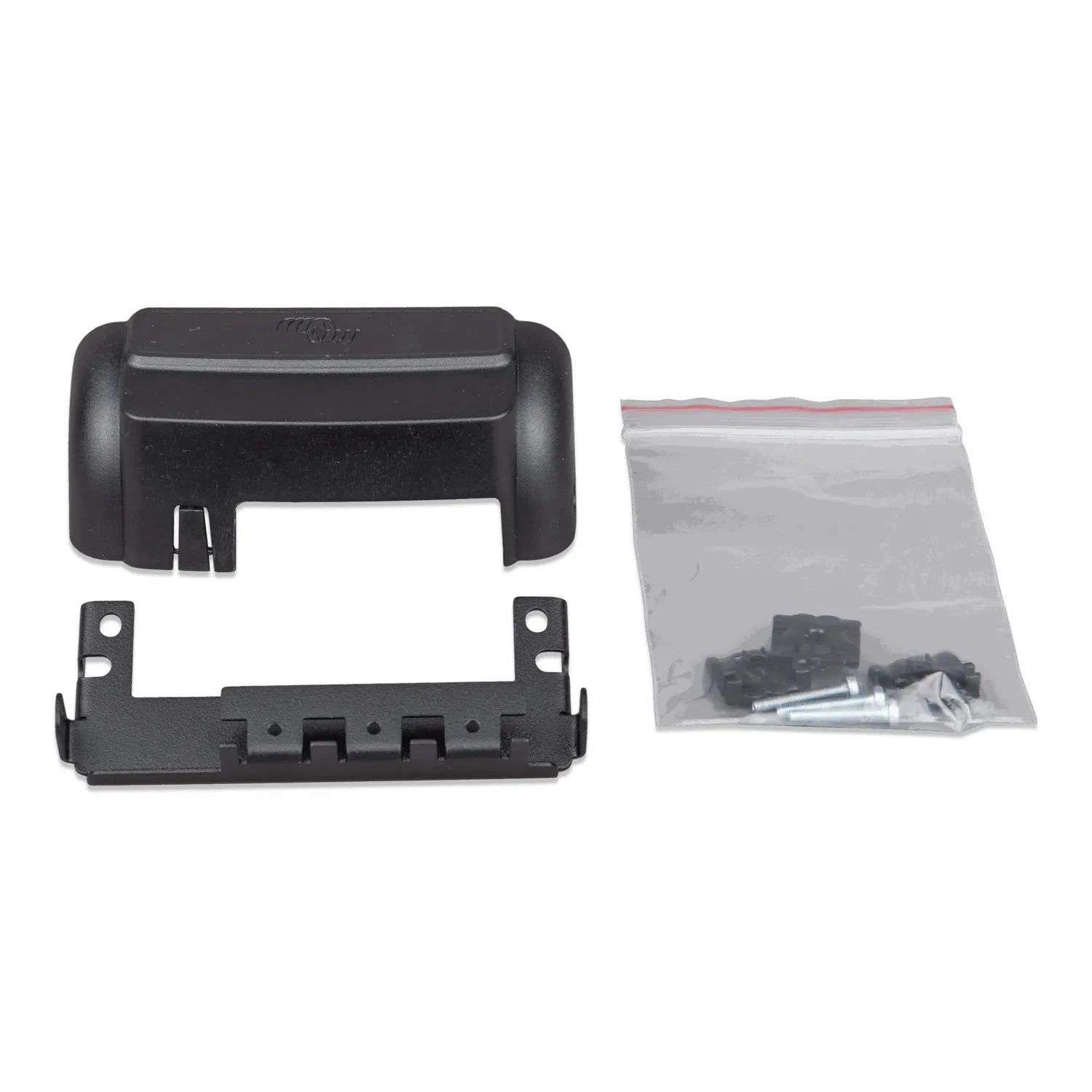 Victron WireBox-S terminal cover components: black plastic housing parts and mounting bracket with hardware kit in plastic ba