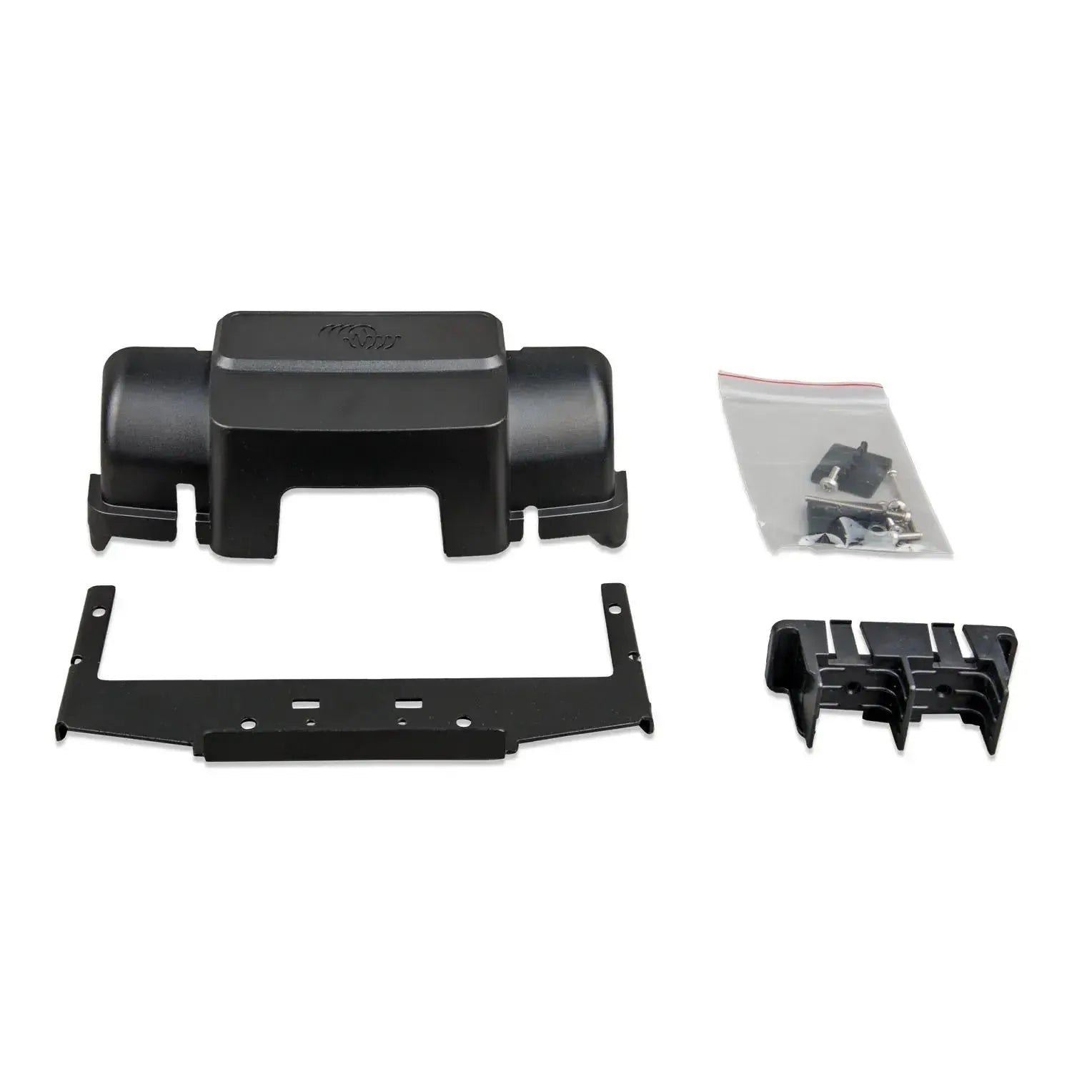 Victron WireBox-L component parts displayed including black housing unit, mounting bracket, hardware bag, and cable managemen