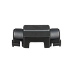 Black plastic wire management box with cylindrical cable ports on each side, front view product shot.