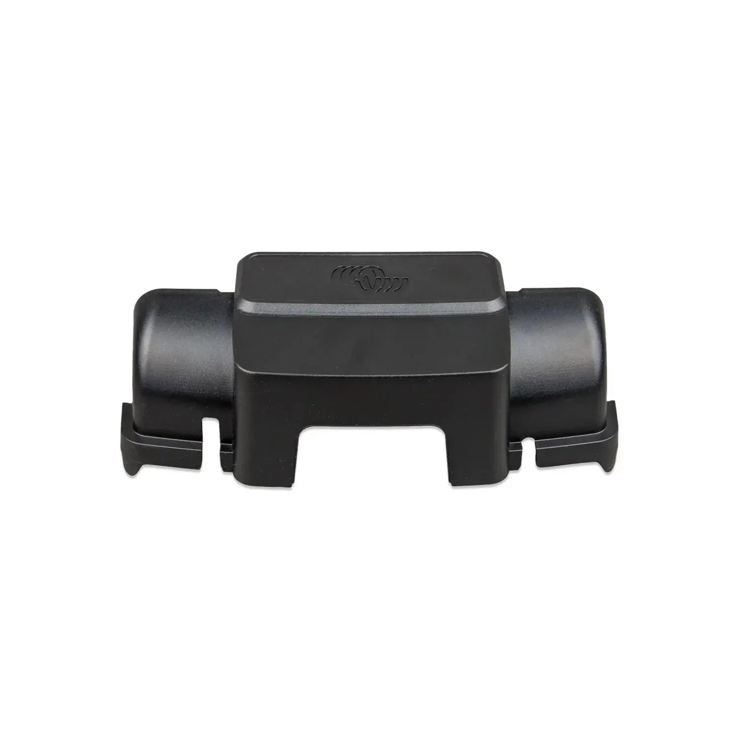 Black plastic wire management box with cylindrical cable ports on each side, front view product shot.