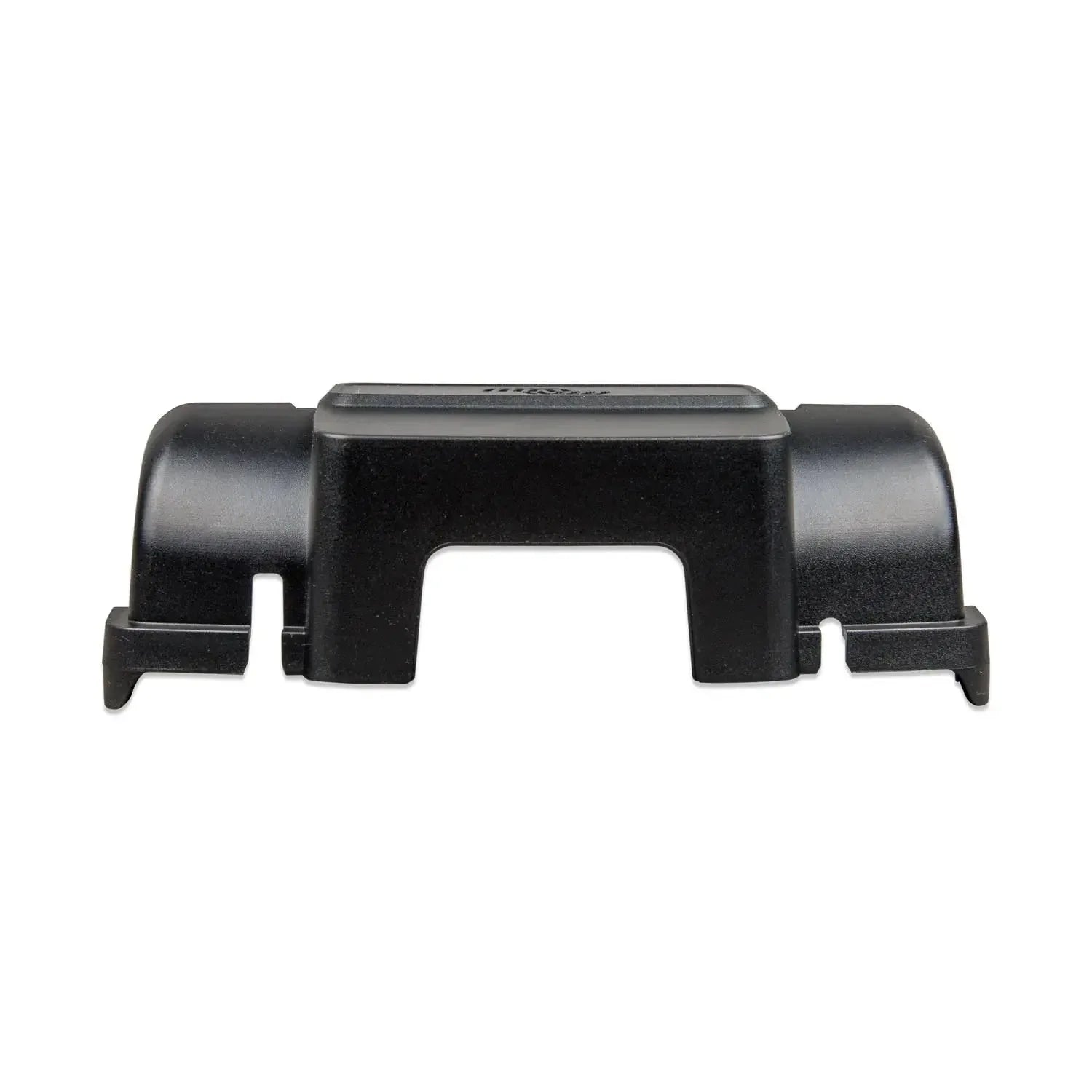 Black plastic cable management box with cylindrical side connectors and central rectangular opening, product shot on white ba