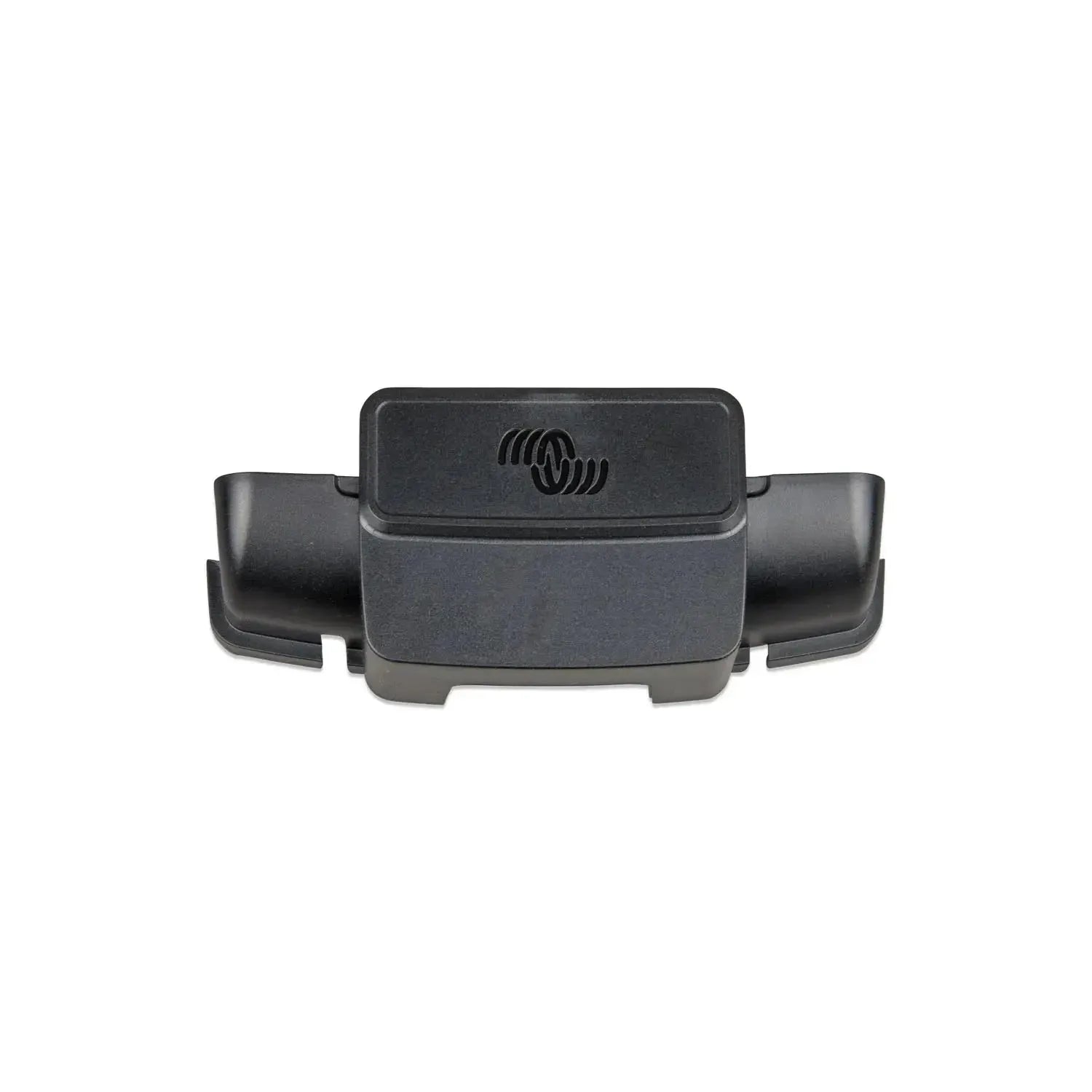 Black plastic cable management box with coiled wire ports on sides and embossed logo on top, product view against white backg