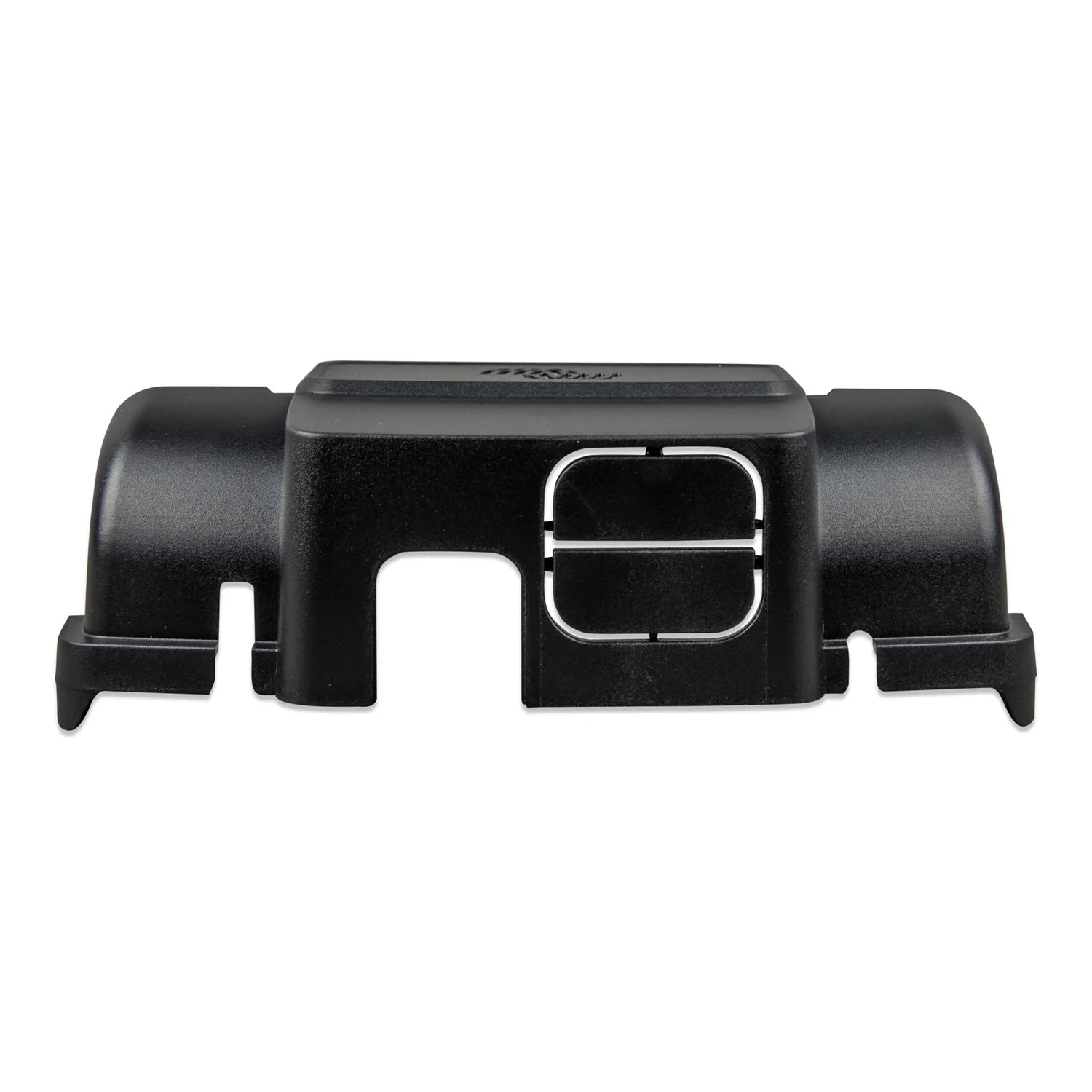 Black plastic junction box with curved side wings and central rectangular opening, front product view.