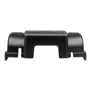 Black plastic cable management box with curved side channels and central rectangular opening, product shot on white backgroun