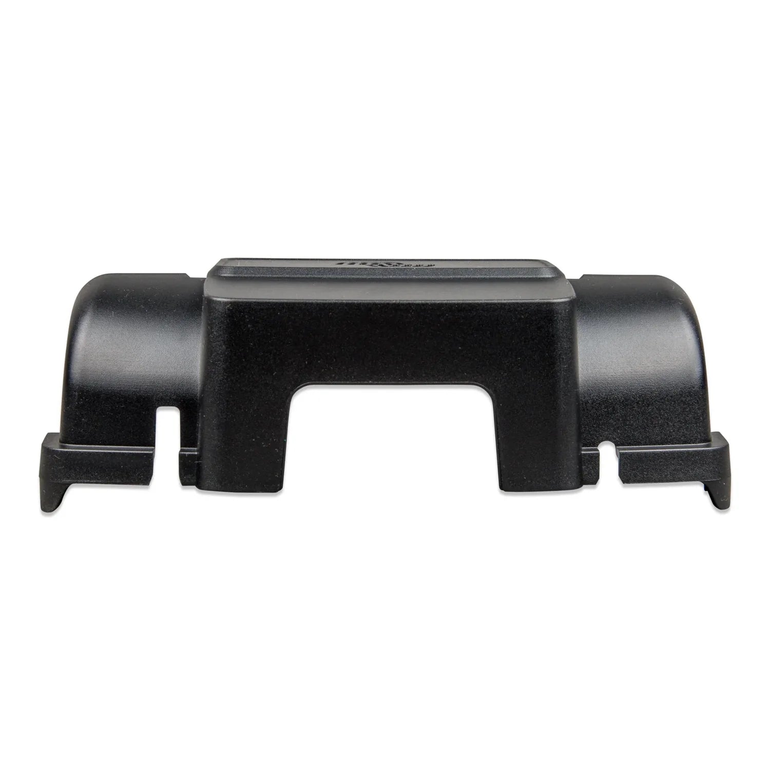 Black plastic cable management box with curved side channels and central rectangular opening, product shot on white backgroun