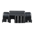 Black plastic enclosure with cylindrical end caps and central wire management channels, front view product shot.