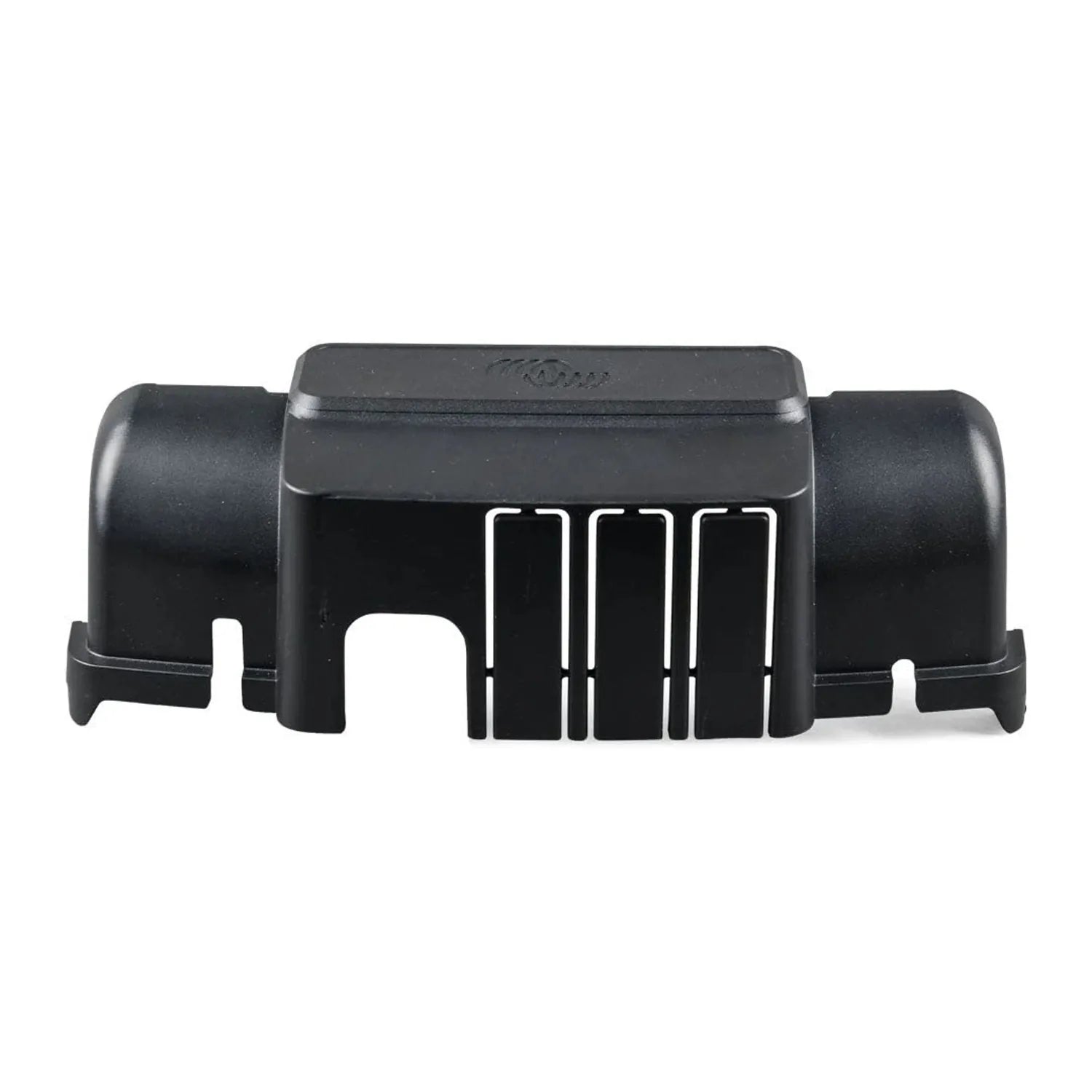 Black plastic enclosure with cylindrical end caps and central wire management channels, front view product shot.