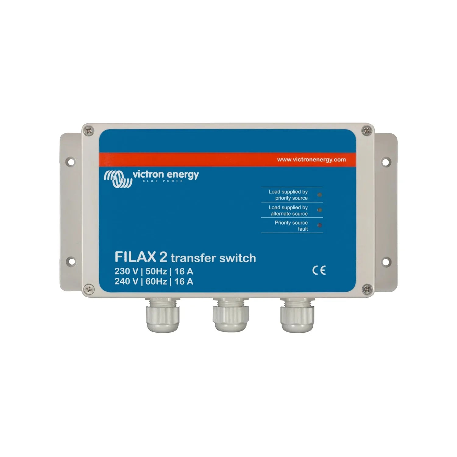Victron Energy Filax 2 transfer switch with blue faceplate, rated 230V 50Hz and 240V 60Hz at 16A, mounted in light gray enclo