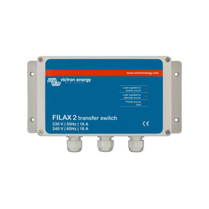 Victron Energy Filax 2 transfer switch with blue faceplate, rated 230V 50Hz 16A and 240V 60Hz 16A, mounted in gray enclosure 