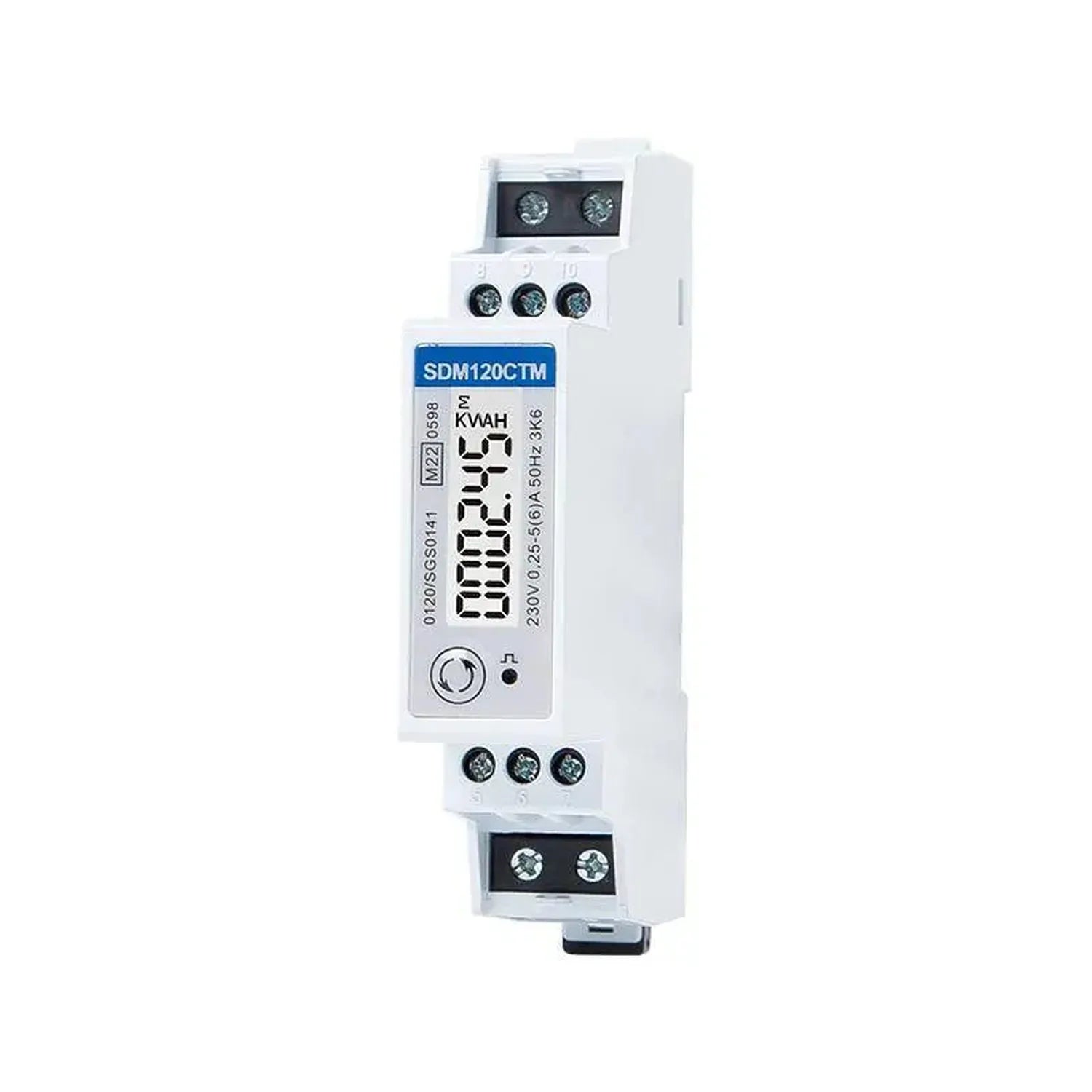 White DIN rail-mounted energy meter with digital display showing kilowatt-hours, model SDM120CTM, front product view.