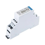 White DIN rail-mounted electricity meter with digital display, terminal blocks, and blue branding label on top.