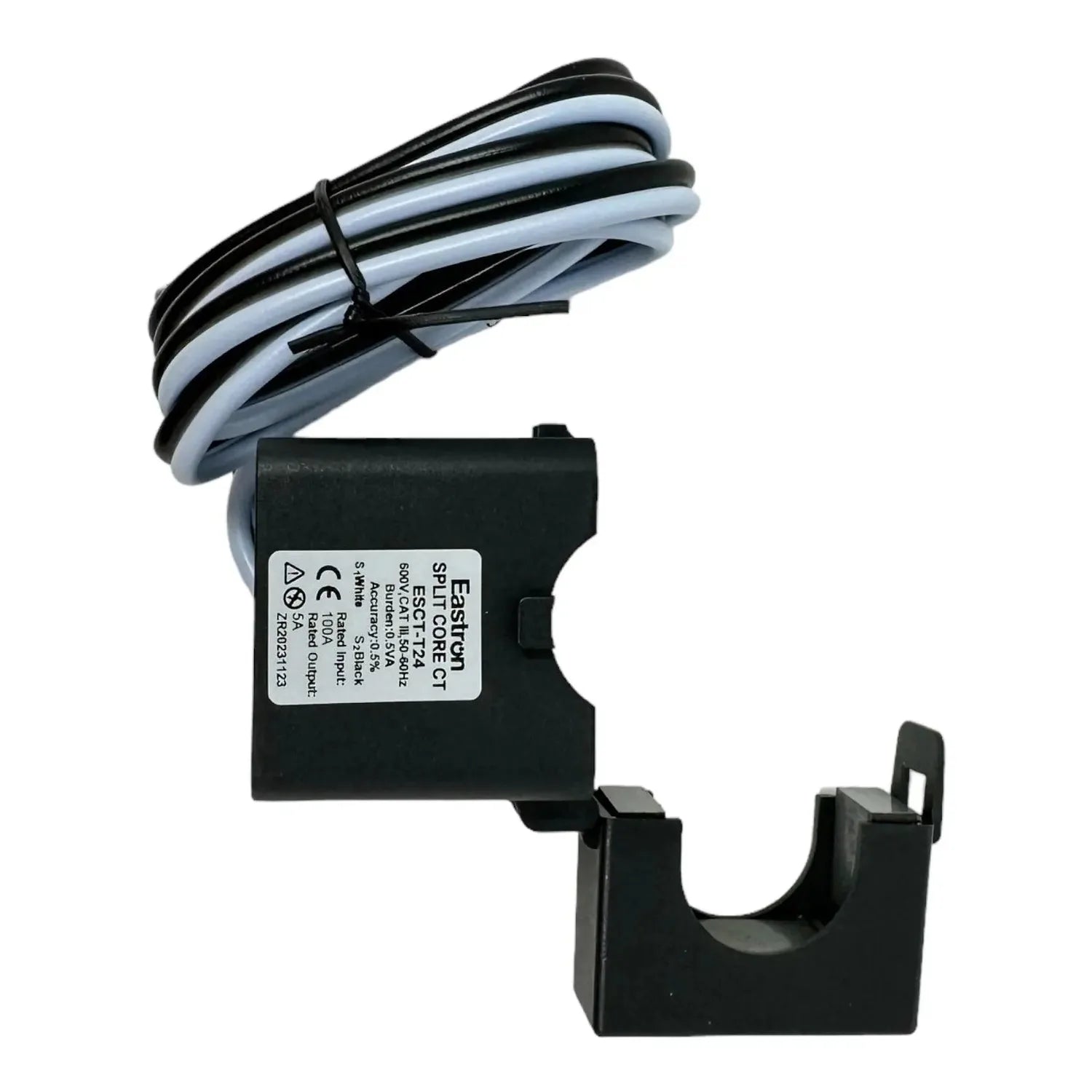 Eastron split core current transformer meter with black housing, white label, and black and light blue coiled cable attached 