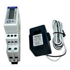 SDM120CT energy meter with split core current transformer and white coiled cable on white background.