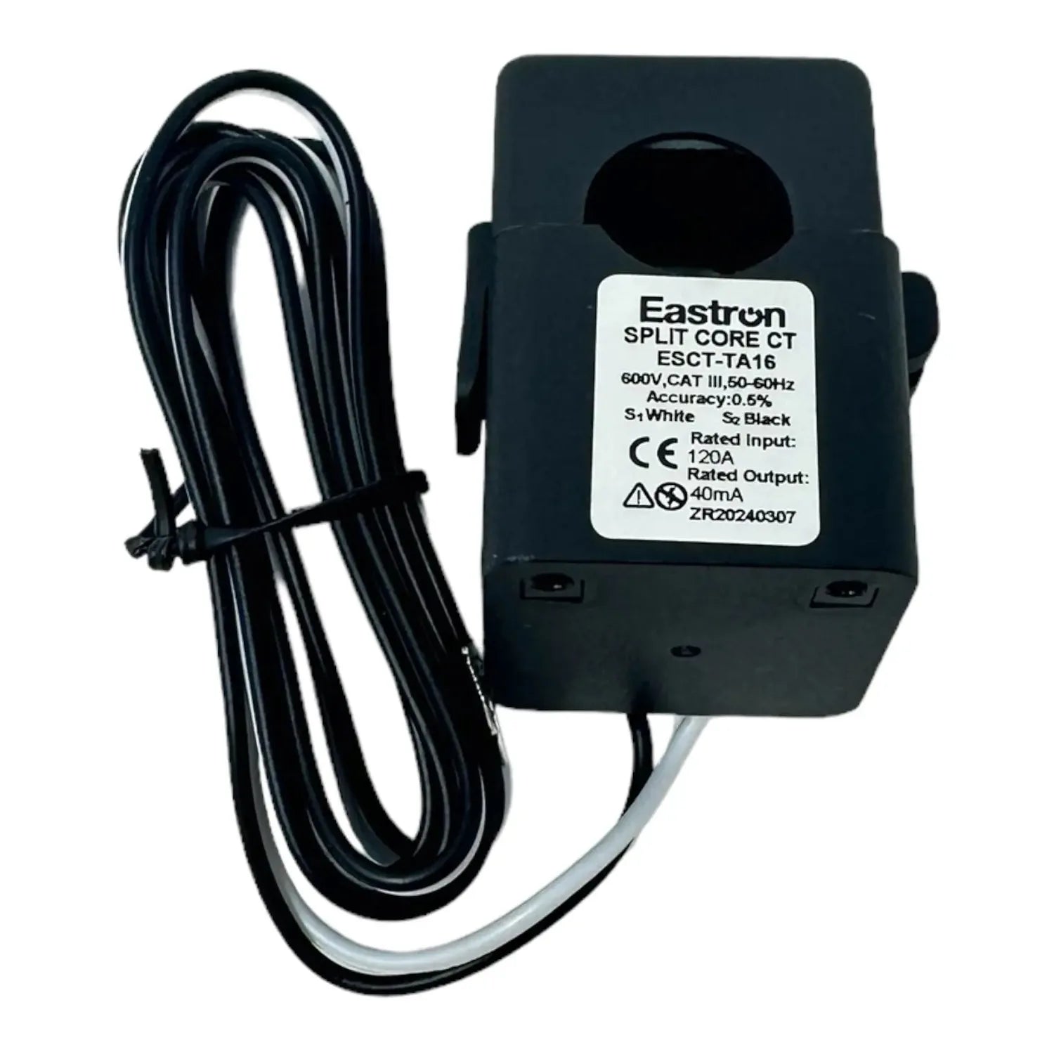 Eastron split core current transformer clamp meter with coiled black cable and white label showing model ESCT-TA16 specificat