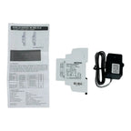 SDM120 Series energy meter with user manual, DIN rail mount device, and power adapter with black cable.