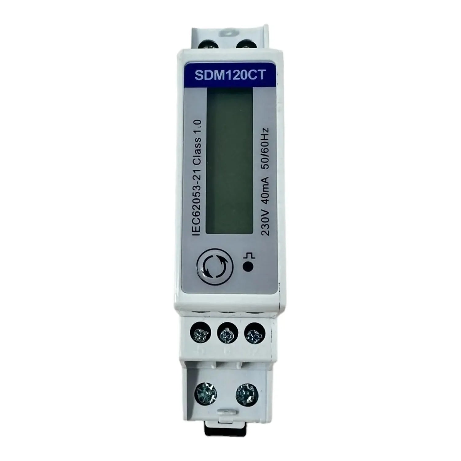 Eastron SDM120CT single phase energy meter mounted on DIN rail with digital display and terminal connections