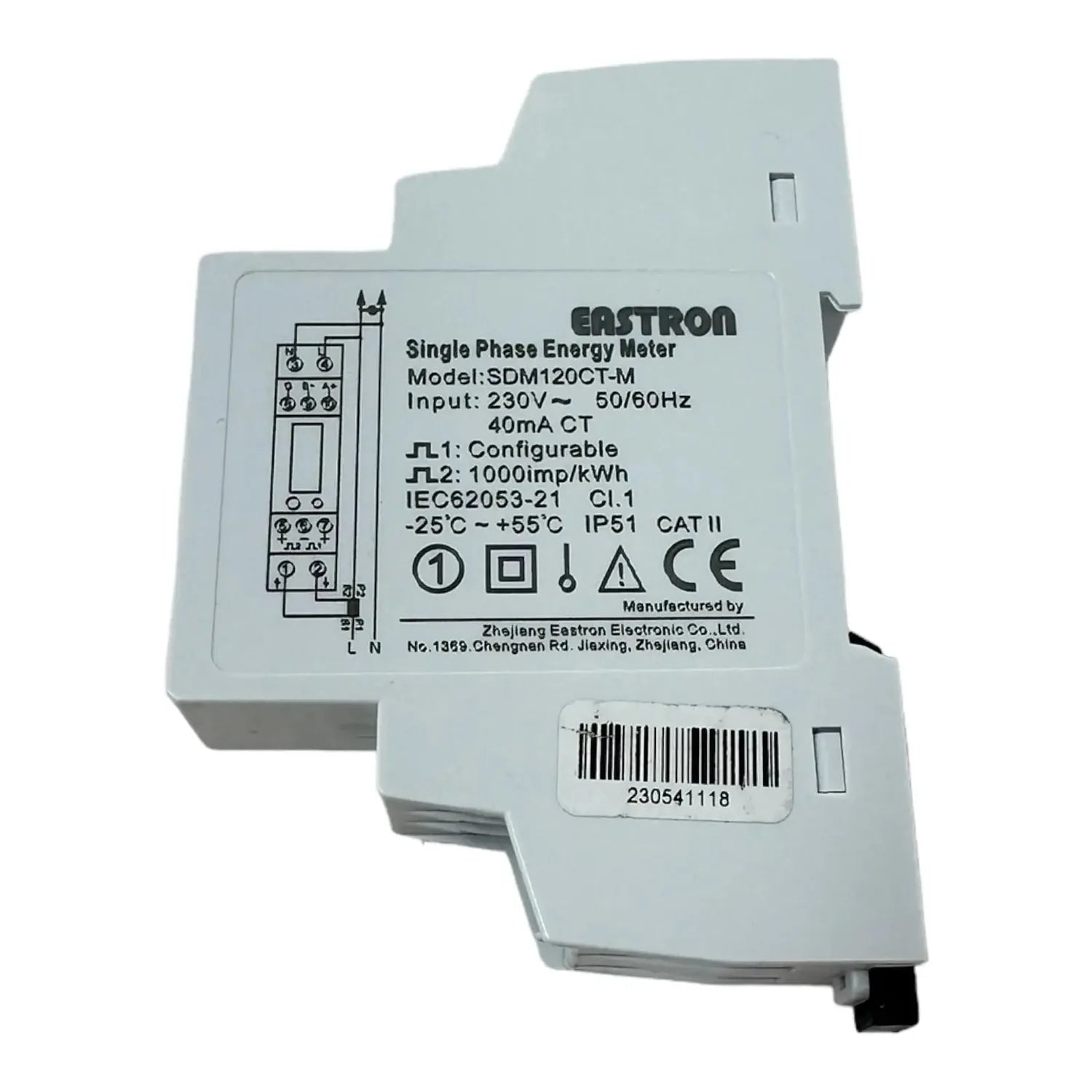 Eastron SDM120CT-M single phase energy meter mounted on DIN rail, showing specifications label and barcode.