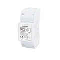 White DIN rail-mounted digital energy meter displaying 0004245 kWh on LCD screen, front view product shot.