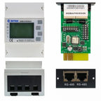 Eastron SDM630 energy meter with display, Modbus communication card, terminal block, and dual RS-485 connector module.