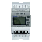 Eastron SDM630-Modbus V2 three-phase energy meter mounted on DIN rail with display screen and terminal connections labeled.